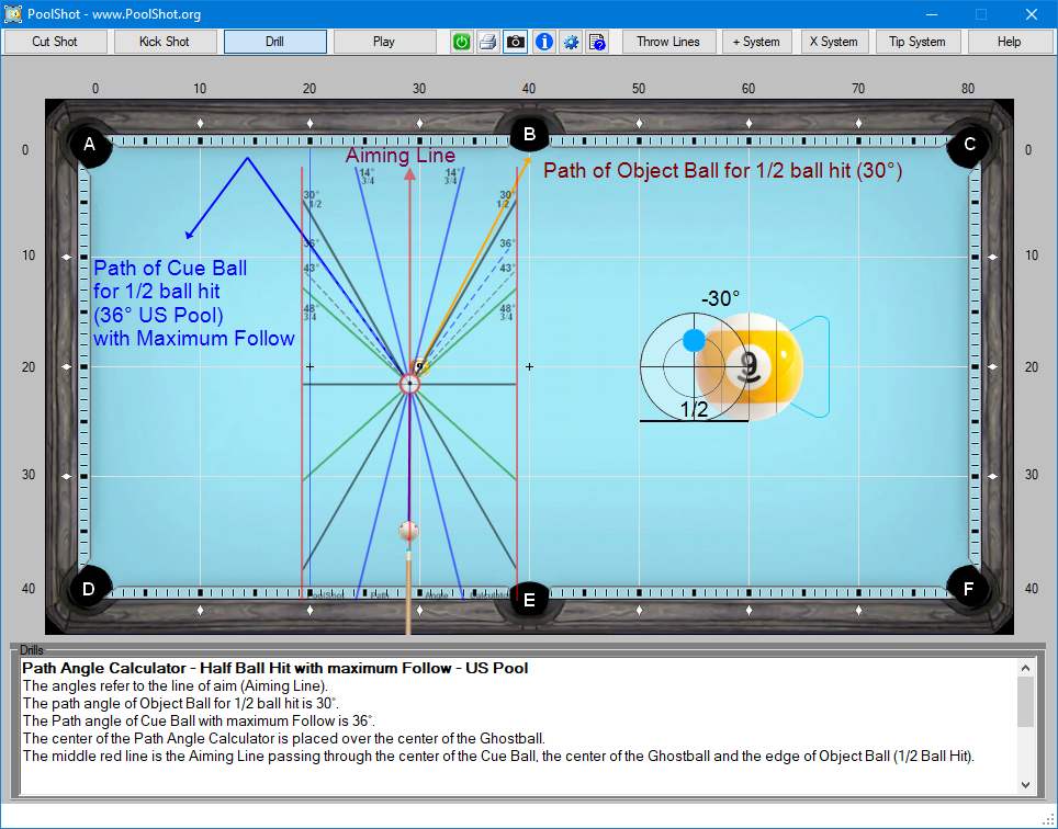 Path Angle Calculator - Half Ball Hit with maximum Follow - US Pool